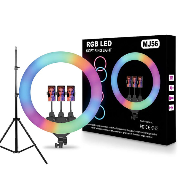 Кольцевая светодиодная селфи лампа RGB MJ-56 см. (цветная) на 80 Вт. со штативом, 3 держателями, пультом и сумкой